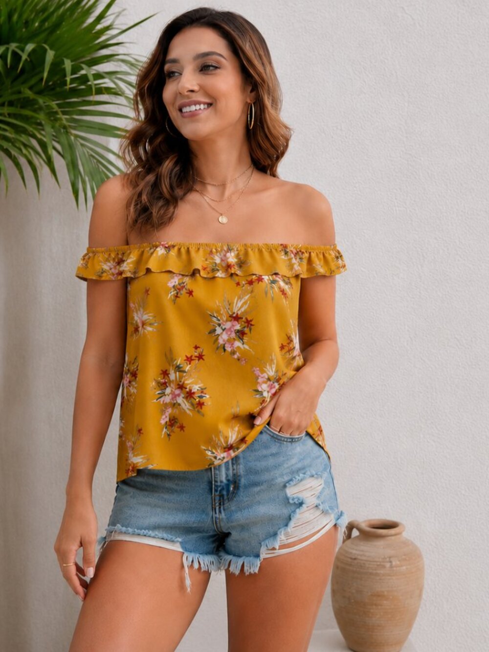 Herve Benard Gold Floral Off Shoulder Rayon Blouse NWT Size M